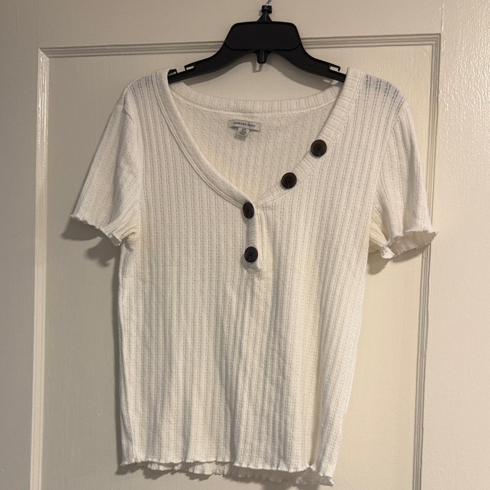 American Eagle Outfitters White Ribbed Button Tee